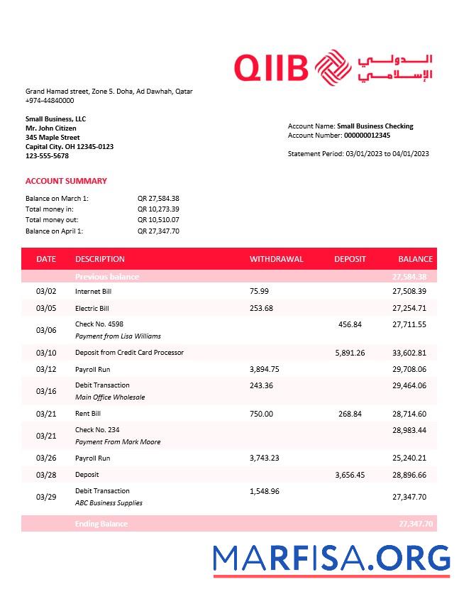 Printable QIIB firm account statement Word and PDF template